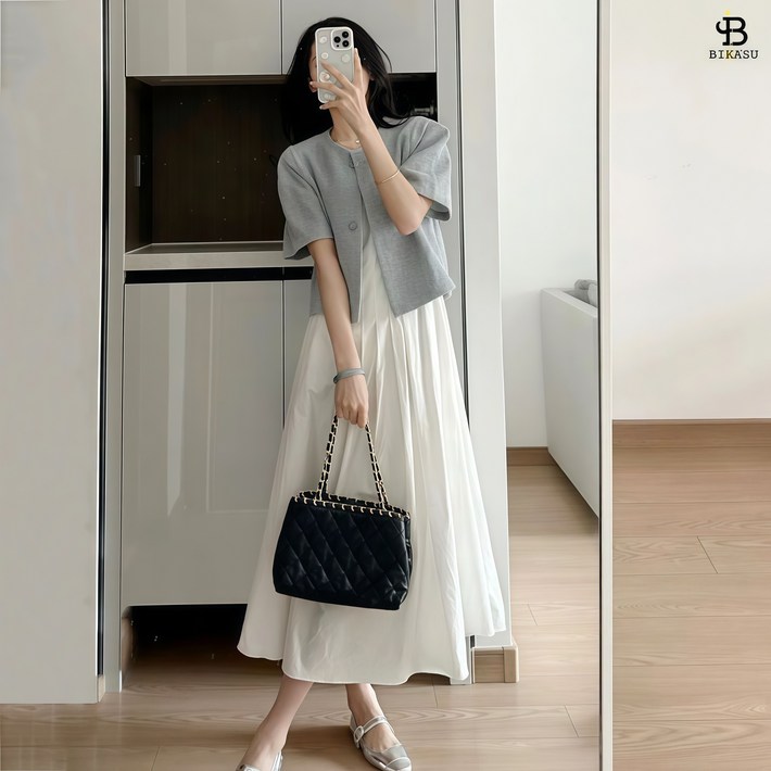 BIKASU 여성 캐주얼 반팔 자켓 민소매 롱원피스 하객룩 오피스룩 슈트