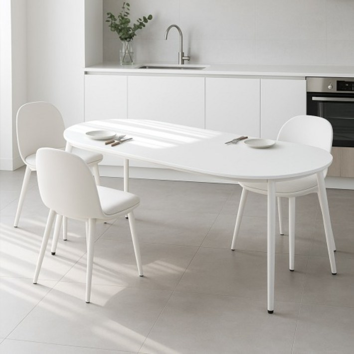 플랫 화이트 타원 카페 테이블 다이닝 원룸 타원형 식탁, 4인용, 화이트타원형