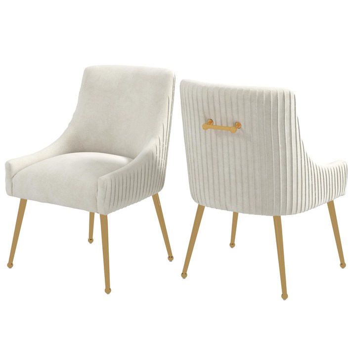 럭셔리 벨벳 식탁의자 등받이 주름 디자인 골드다리 암체어 홈카페 체어 아이보리, 2개, 베이지색