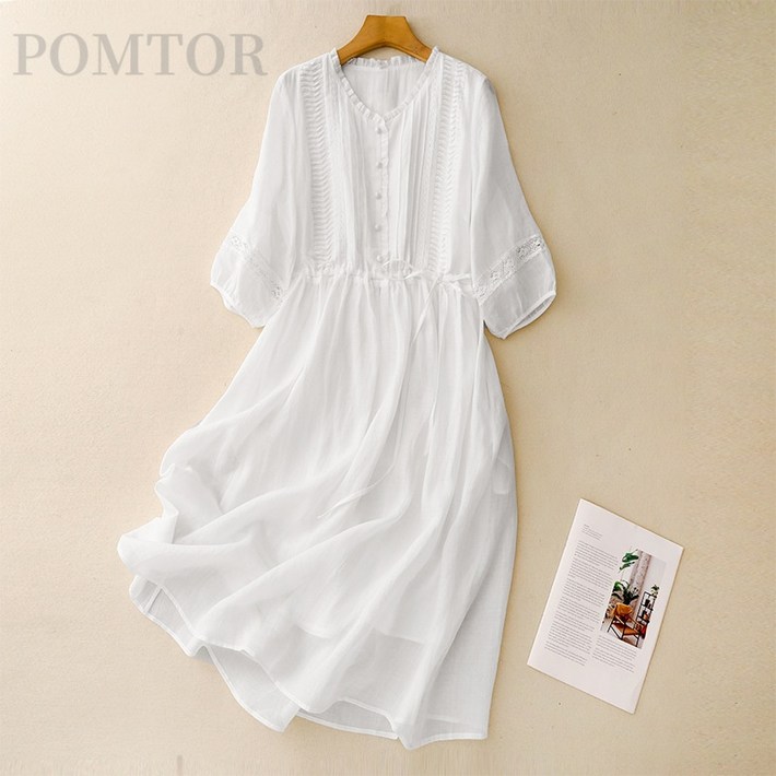 POMTOR 여성 면마 원피스 봄여름 화이트 원피스