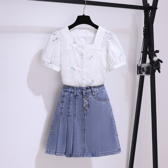 여름 패션 슈트 여성복 2023 신상 펀칭 자카드 자수 꽃 반팔 셔츠+데님 스커트 투피스 작은 키