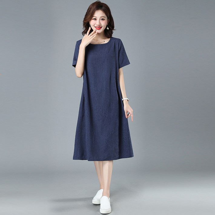 POMTOR 여성 라운드넥 Zacar 반팔 면마 자카르 린넨 롱 원피스 POMTOR 여성 라운드넥 Zacar 반팔 면마 자카르 린넨 롱 원피스