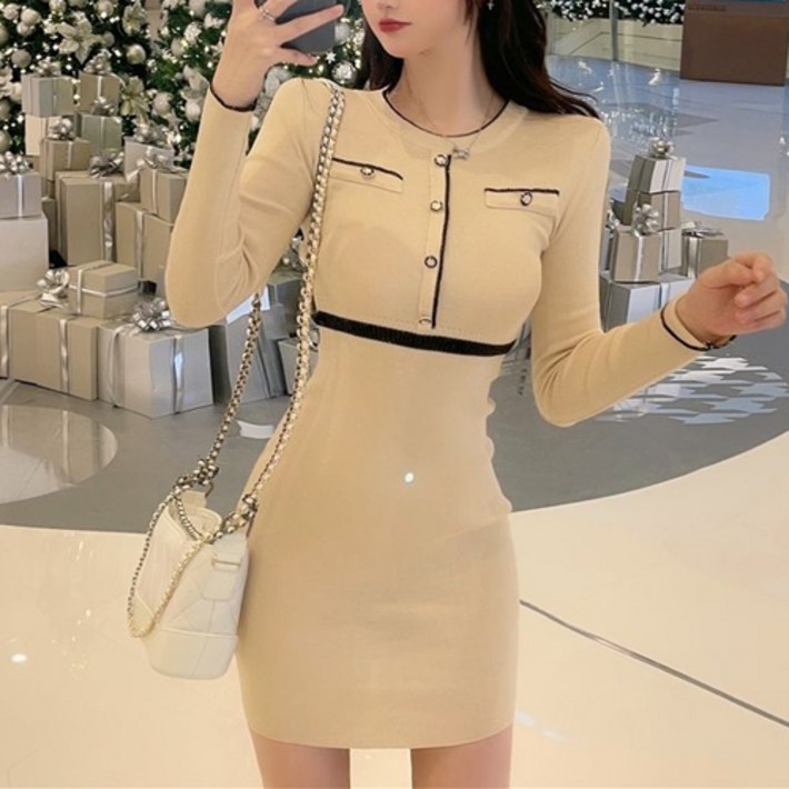이노뱅크 여성 하객룩 포켓 버튼  슬림 미니 니트 원피스 INO1080