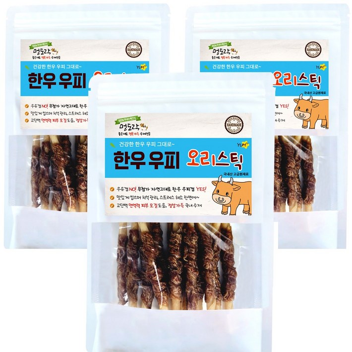 멍도락 한우우피스틱 100 한우껌 오래먹는 강아지껌 국내산 수제간식, 한우우피 오리스틱, 90g, 3개