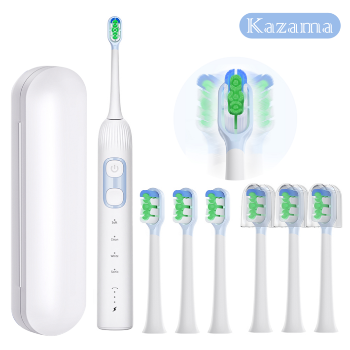 Kazama 전동칫솔 음파 회전 2in1 신기술 자동 바스법 밀착 본체칫솔모 6개휴대케이스 IPX7방수 XZYCW073, 화이트, 1세트, XZYCW073
