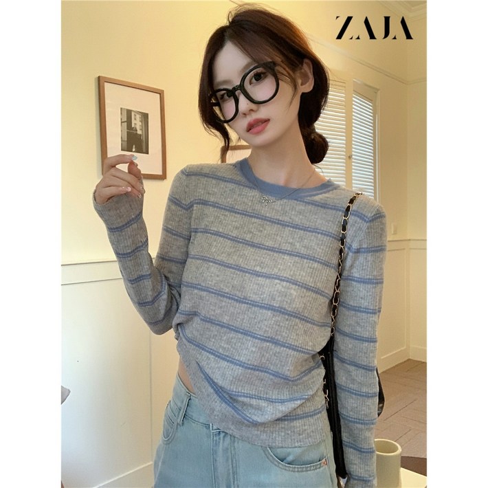 ZAJA 여성 스트라이프 긴팔 니트 티셔츠  봄 라운드넥 기본템 데일리룩