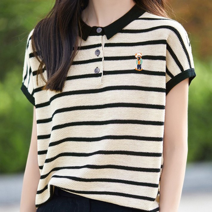 주디앤 여성 베어 스트라이프 니트 반팔티