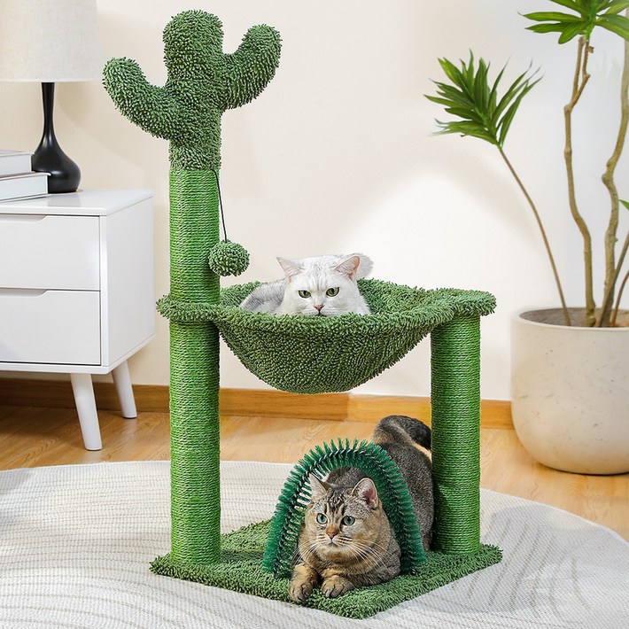 PAWZ Road 3단 선인장 조형 소형 미니 캣타워, 수직 스크래쳐 기둥해멱폼폼볼 장난감