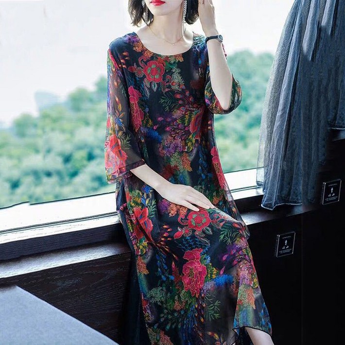 ROYALBELLE 여성 프린팅 캐주얼 7부소매 미디 원피스 빅사이즈 중년여성 라운드넥 쉬폰 원피스 V030603