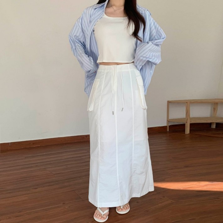 쏘옷 여성용 꾸안꾸 스트링 나일론 카고 롱 스커트 쏘옷 여성용 꾸안꾸 스트링 나일론 카고 롱 스커트