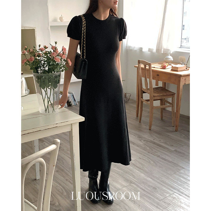 피노사 라운드넥 소매 반팔 퍼프 셔링 니트 원피스 숏롱2ver