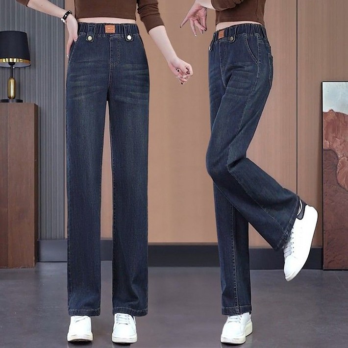 여성 와이드 일자 데님팬츠 슬림핏 밴딩 스판 청바지 봄가을 워싱 긴바지 슬랙스
