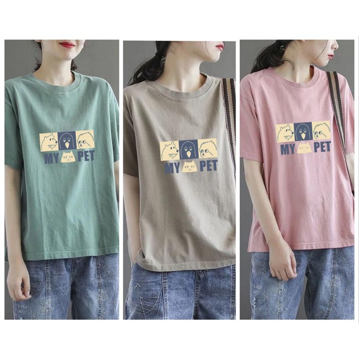 레노이 3장 여름 여성 반팔 티셔츠 패션 라운드 루즈핏