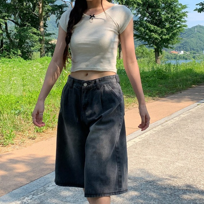 즈본 여성 버뮤다 5부 허리 조절 비조 핀턱 와이드 청반바지 즈본 여성 버뮤다 5부 허리 조절 비조 핀턱 와이드 청반바지