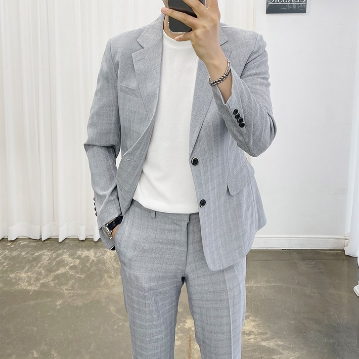 아도르클래식 남성용 무스 글랜 체크 반밴딩 한여름 봄 가을 캐주얼 스판 정장 세트