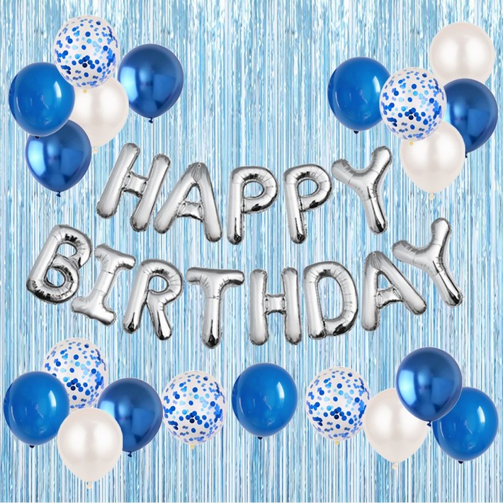 HBD 은박풍선 크롬메탈 혼합풍선세트 파티커튼 생일파티세트 에브리띵스마일 1221, 1세트, 실버 블루 풍선 커튼