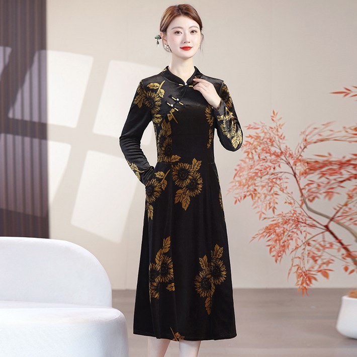 COSYEVNO 중년 엄마 긴팔 원피스 4050대 엘레강스 플라워 패턴 허리 조임 패션 편안하고 실용적인 스커트 BCXmmlyq8