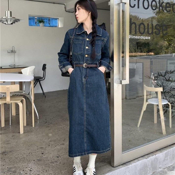 SAHINER 봄가을 여성 데님 셔츠 롱원피스 A라인 캐주얼 오버핏 LWBQZ35