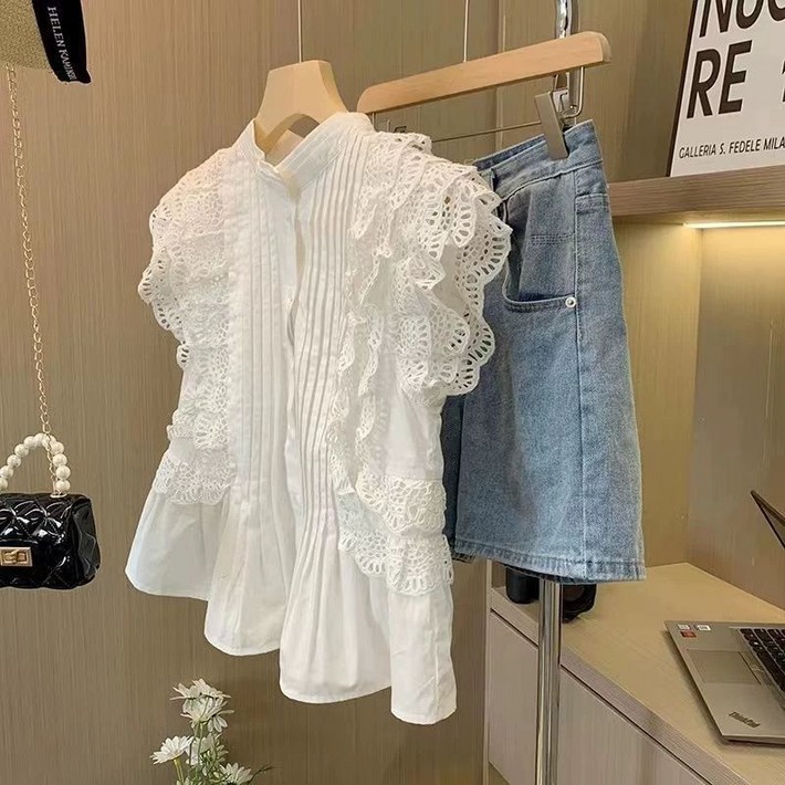 여름 펀칭 블라우스 린넨 민소매 반소매 아일렛 넥프릴 퍼프 제이플로우 흰색 셔링 퍼프소매