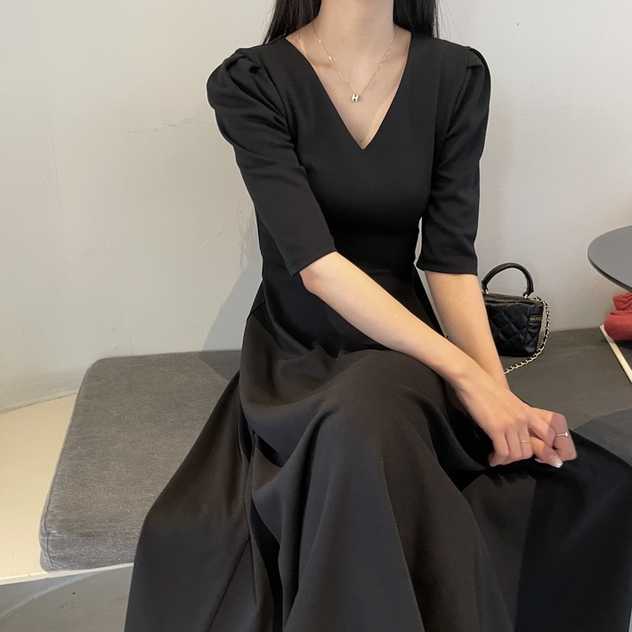 고급 스판 브이넥 부드러운 반팔 롱원피스