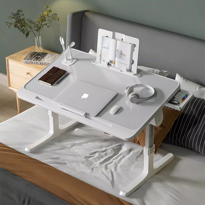 OYEAH 다용도 접이식 베드 테이블 침실 테이블 높이 조절 각도 조절  USB 포트  램프 팬  캐비닛 서랍, 흰색 6040CM