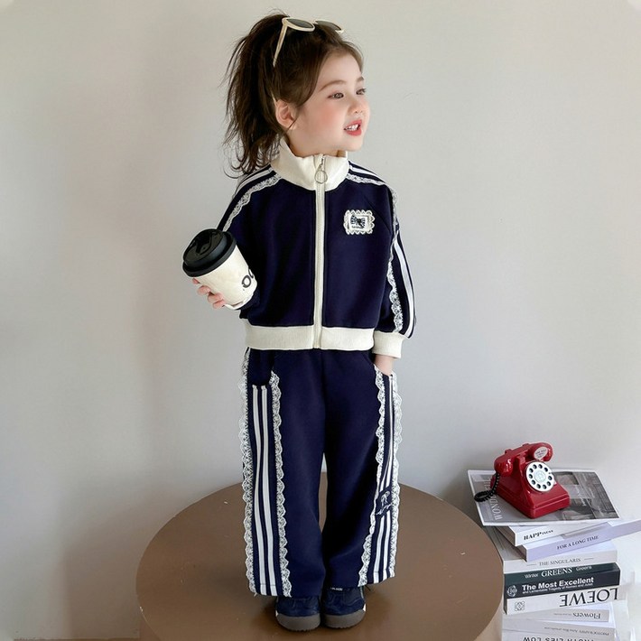 비비키드 신상 여아 어린이 상의 하의 세트 봄 가을 리본패치 레이스 포인트 집업 세트 긴팔 유아 긴바지 상하세트 LEISILATIAOHUDIE