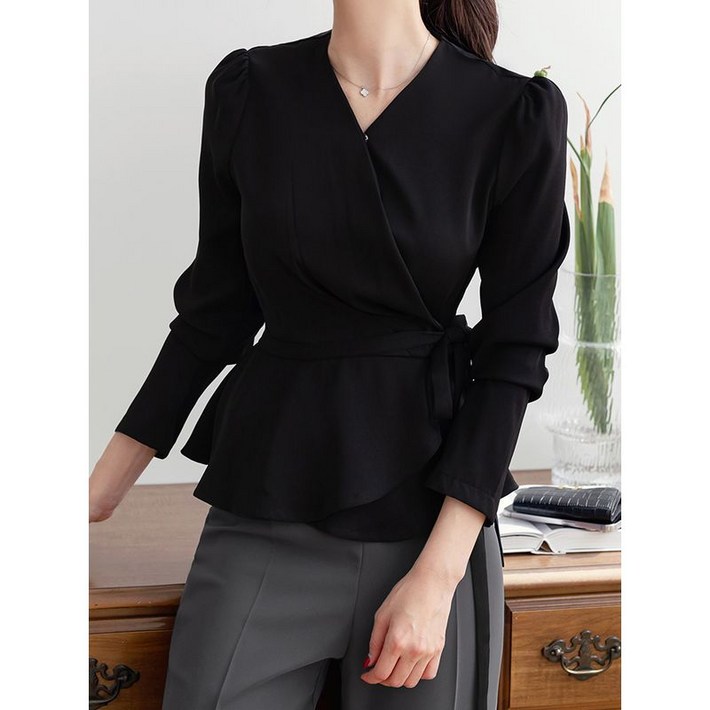 시크라인XXL까지 에밀리 드레이프 셔링 페플럼 랩 블라우스 봄,가을 긴팔 하객룩 오피스룩 격식룩 면접룩