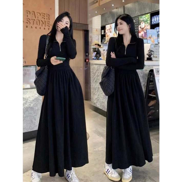 해피유통 여성 간절기 집업  카라넥 데일리  심플 긴팔 날씬한 A라인 롱 원피스