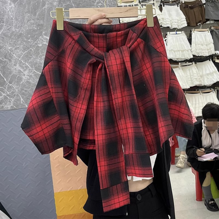 델루비오 체크 셔츠 힙커버 레이어드 미니스커트