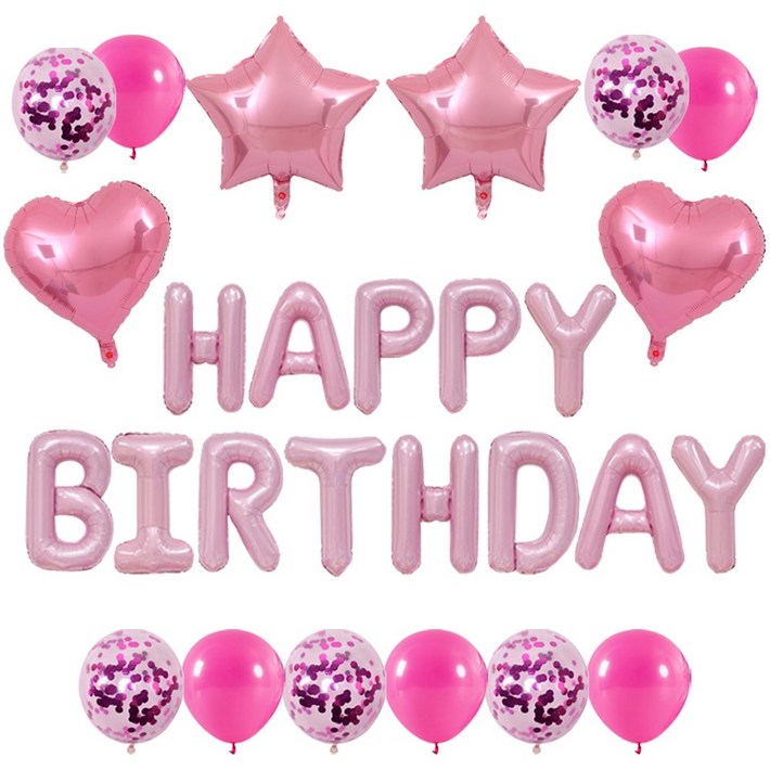 하트 스타 HBD 생일축하 은박풍선 세트 에브리띵스마일 1219, 1세트, 핑크 풍선