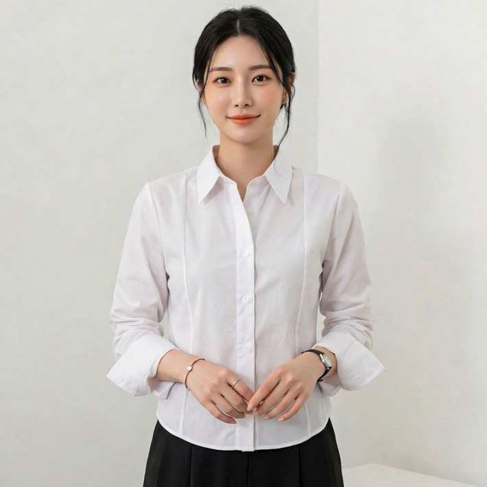 여성용 베이직 슬림 긴팔 카라 셔츠