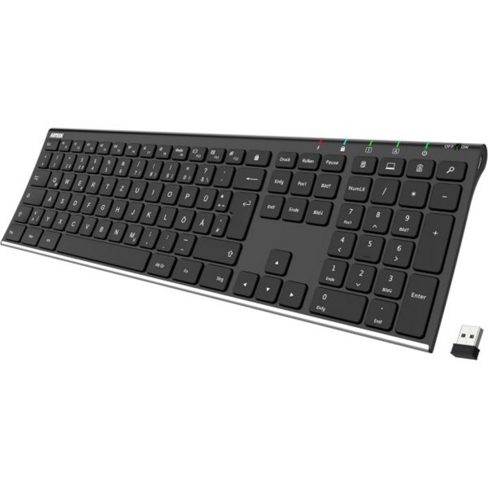 아르텍 무선 키보드 독일식 QWERTZ 레이아웃 스테인리스 스틸 충전식 USB 포트 2.4 GHz 멀티미디어 기능 포함 PC 컴퓨터 노트북 랩탑 윈도우 11 10 8 호환