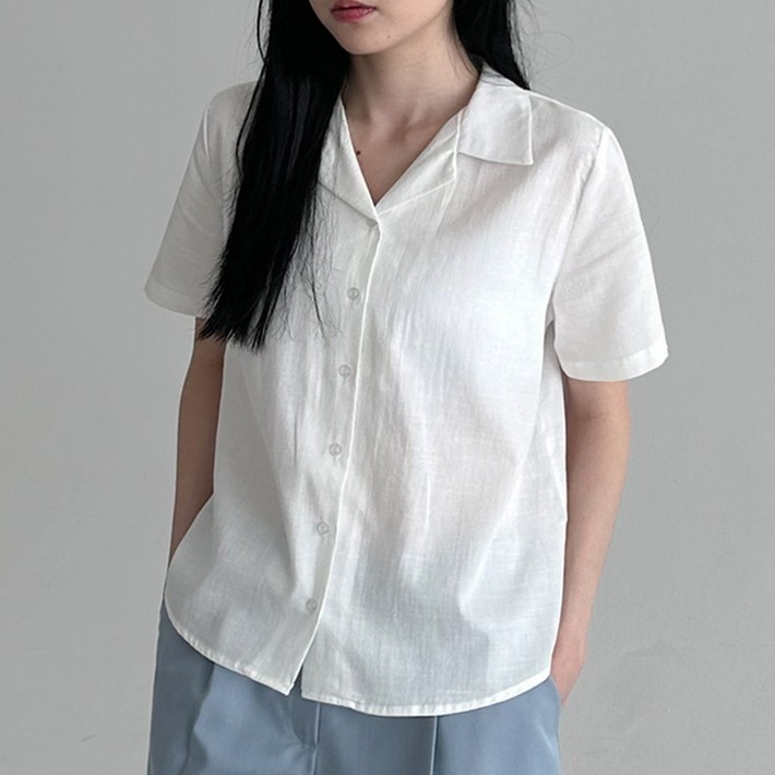 오버나인 여자 여성 코튼 린넨 오픈 카라 반팔 워싱 셔츠 블라우스