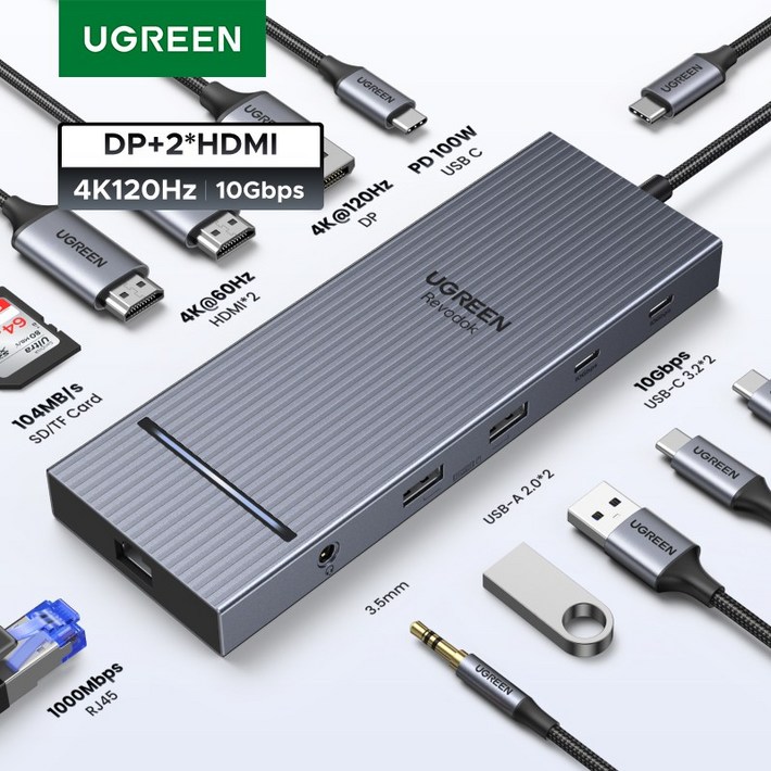 UGREEN 유그린 Revodok 12 in 1 USB 허브 트리플 4K C타입허브 2HDMI DP USB3.2 USB허브10Gbps SDTF RJ45 PD100W USB멀티탭, 1개, Grey
