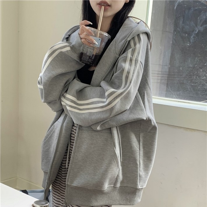 Komorebi 빅사이즈 오버핏 봉봉 학생 교복 라인 긴팔 후드 집업