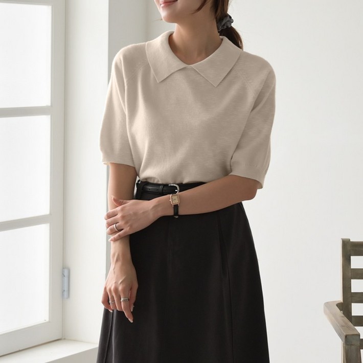 데일리앤 시프 여성 퍼프 5부 반팔 카라넥 니트 티셔츠 부드러운 가을 무지 나그랑 니트티