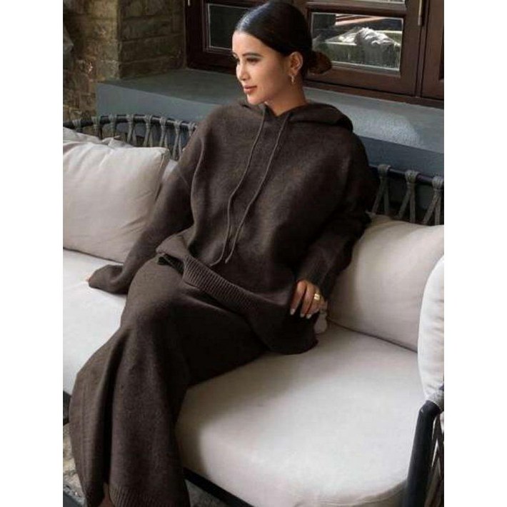 가을 빅사이즈 여성 루즈 후드 니트 투피스 세트 스웨터 롱스커트 루즈핏