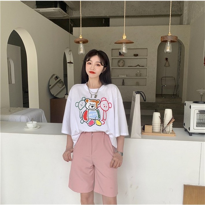 여름 오버사이즈 곰 프린트 반팔 티셔츠