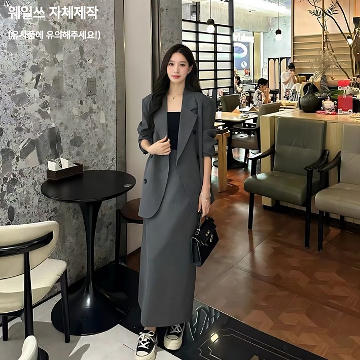 웨일쓰 여성  봄 여름  오버핏 정장 자켓 치마세트 트위드 투피스 루즈핏 하객룩 출근룩 가을 직장인장장 롱스커트 면접 캐주얼 트렌치 셋업 수트 투피스