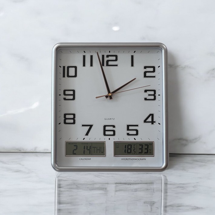 홈컴퍼니 무소음 사각 LCD 벽시계 34CM, 로즈골드