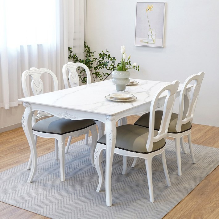 린 프렌치 엔틱 4인용 세라믹 식탁 세트 화이트, 화이트