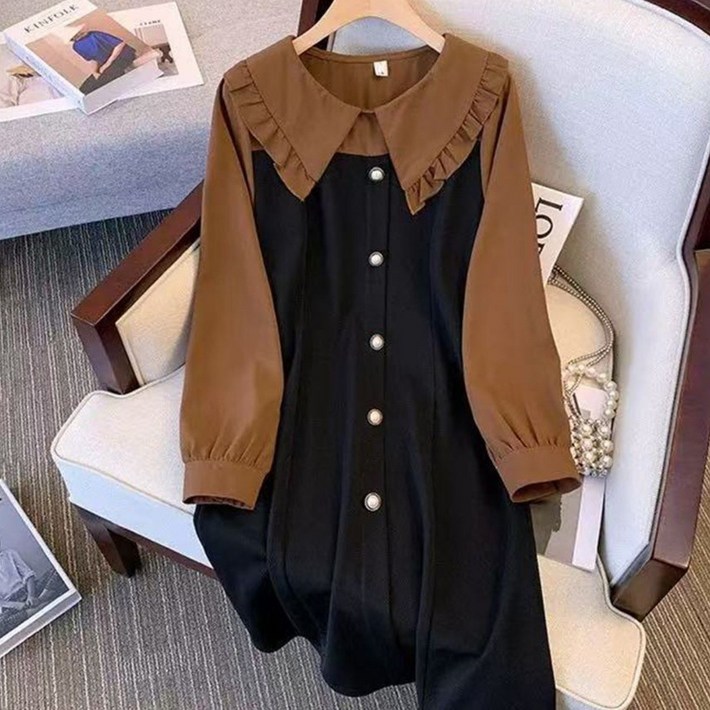 오스틱니 매진 임박 빅사이즈 여성 가을 긴팔 숄카라 클래식배색 긴팔 편한 추천 빅카라 루즈핏 간절기 미시 마담 큰언니 세련미 큰옷 여성의류 배색  데일리 롱원피스