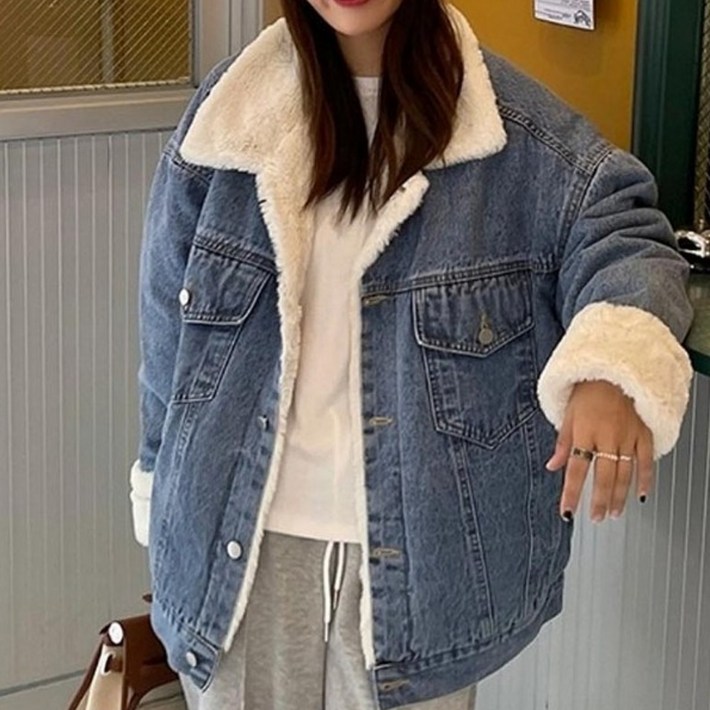 스타일리시한 겨울 데님 자켓 양털 안감 청자켓 포근하고 따뜻한 데일리룩