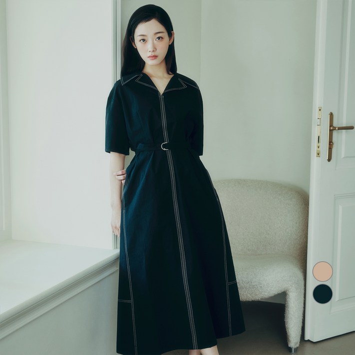 쥬시쥬디 여성용 통기성 벨티드 오픈 카라 원피스 JZOP320B