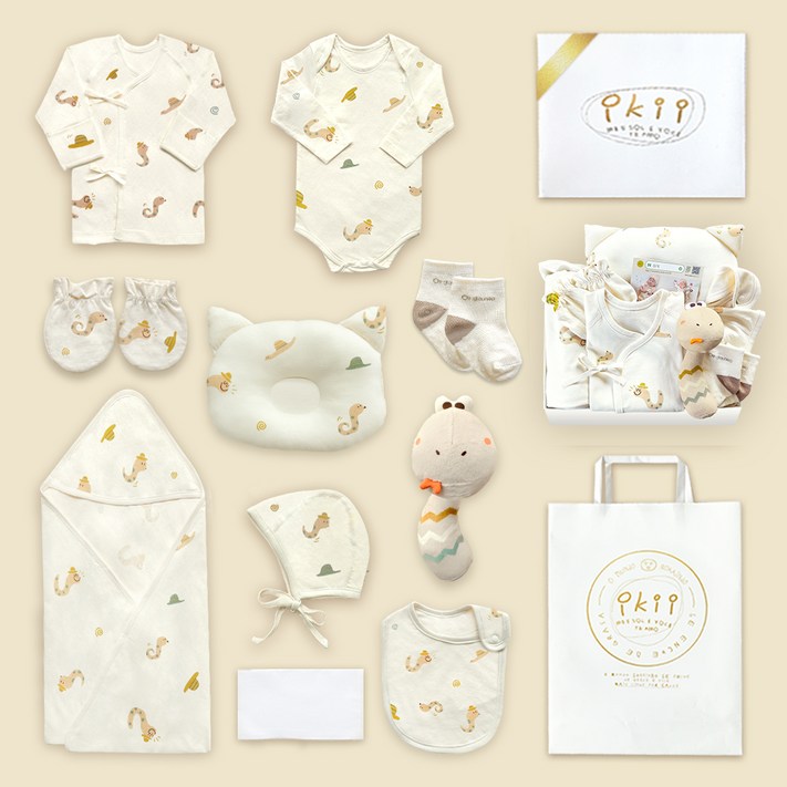 ikii 유아용 오가닉 배냇저고리 긴소매 10종 출산 선물세트 선물포장  쇼핑백