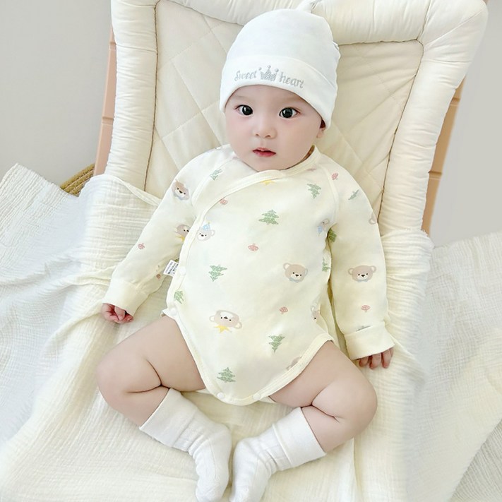 베베니즈 신생아용 패턴 배냇 풀스냅 긴팔바디수트