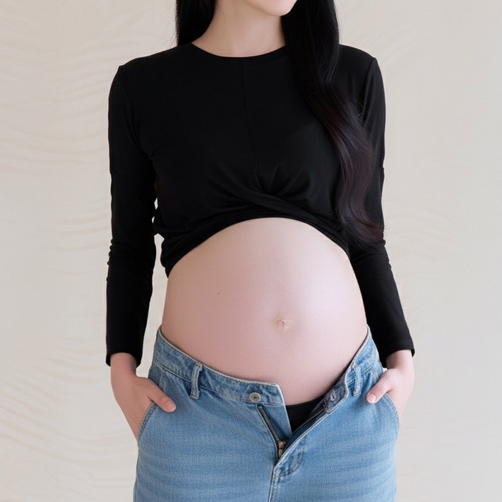 임산부 크롭티 만삭 주수 셀프 사진 촬영 임신 임부복 티셔츠