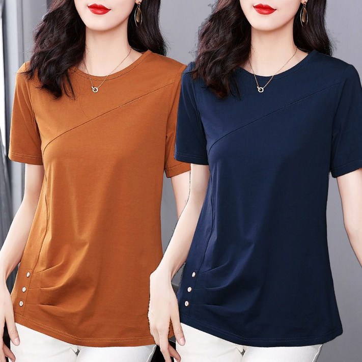 중년여성 라운드 반팔티 4060대 여름티셔츠 슬림핏 셔링 시원한 롱티 빅사이즈