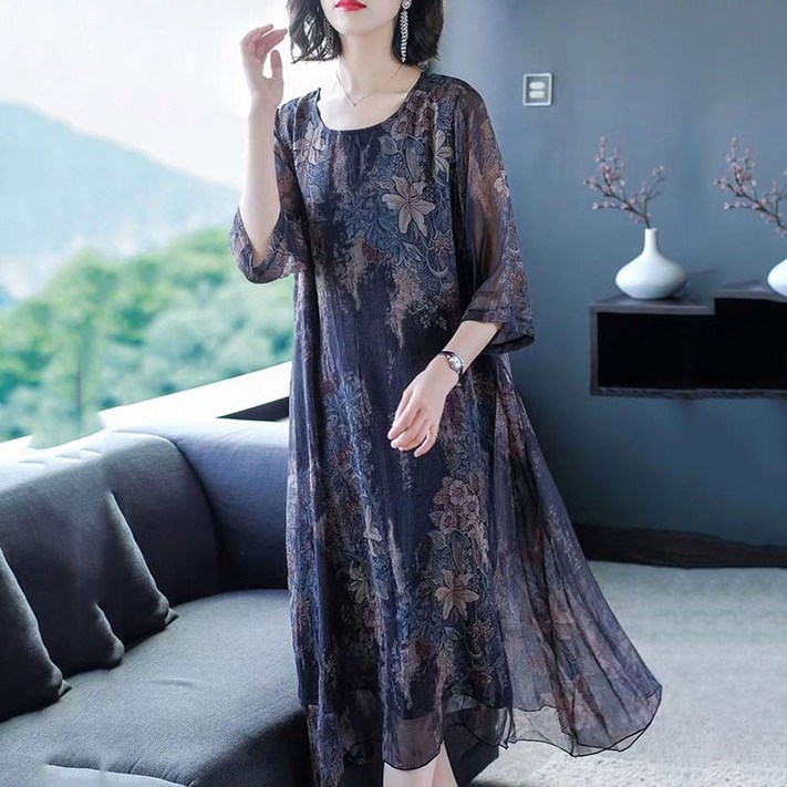 ROYALBELLE 여성 프린팅 캐주얼 7부소매 미디 원피스 빅사이즈 중년여성 라운드넥 쉬폰 원피스 V030603