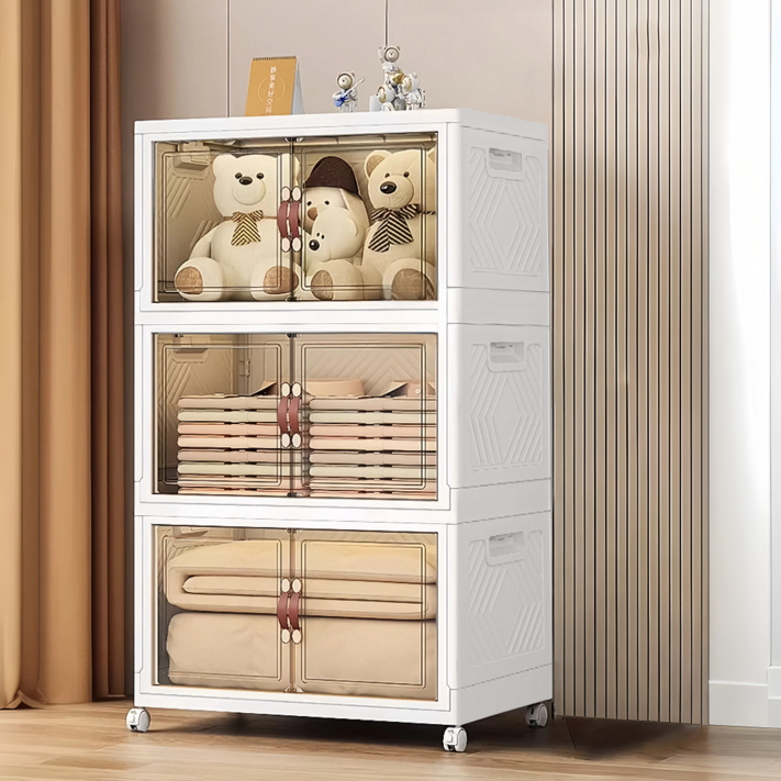 YEAAYE 더블 도어 멀티 레이어 접이식 수납함 바퀴 버전, 화이트